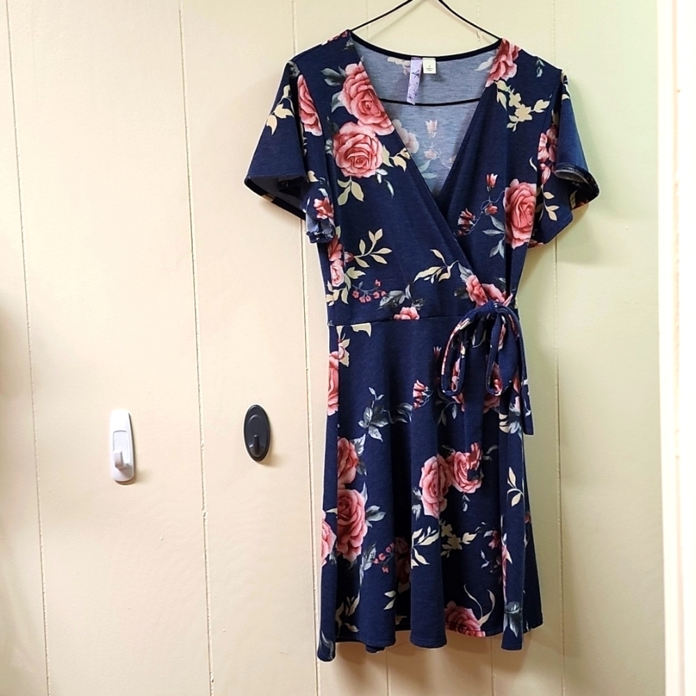 Alya Navy Wrap Dress with Pink Rose Print
